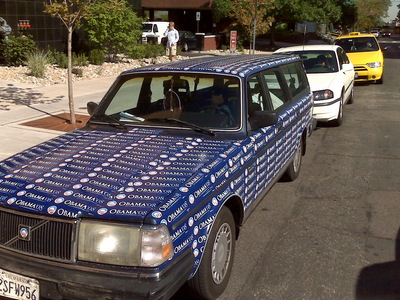 Funny Hillary Bumper Sticker on Decking Out Their Volvo In About 520 Obama Bumper Stickers